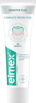 Biała tubka pasty elmex Sensitive Plus Complete Protection, widok z przodu, zielono-szare detale, z grafiką zęba.