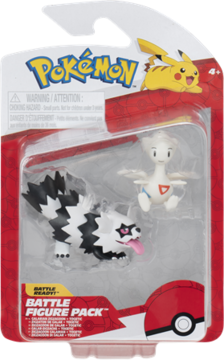 Frontalny widok opakowania Pokemon Battle Figure Pack z figurkami: czarno-białym Galarian Zigzagoon i białym Togepi.