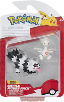 Frontalny widok opakowania Pokemon Battle Figure Pack z figurkami: czarno-białym Galarian Zigzagoon i białym Togepi.