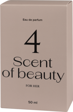 Pudełko perfum Scent of beauty N°4 dla kobiet, beżowe z czarnym napisem i dużą cyfrą 4, widok pod kątem.