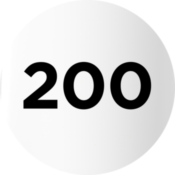 Biała, okrągła ikona z czarną cyfrą "200", symbolizująca wynik lub ocenę dla lakieru Gel Laque.