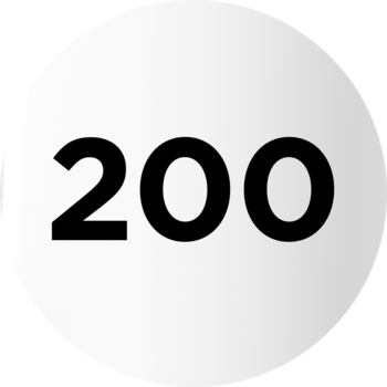 Biała, okrągła ikona z czarną cyfrą "200", symbolizująca wynik lub ocenę dla lakieru Gel Laque.