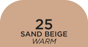 Zbliżenie na jasny beżowy próbnik podkładu Wonder Match Lumi, z numerem 25, opisem Sand Beige Warm.