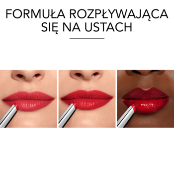 Czerwona pomadka Bourjois Healthy Mix Clean Lip Sorbet na ustach o różnym odcieniu skóry, hasło: Rozpływająca się formuła.