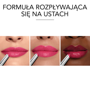 Pomadka Healthy Mix Clean Lip Sorbet na ustach. Trzy ujęcia aplikacji intensywnie różowej, lśniącej szminki.