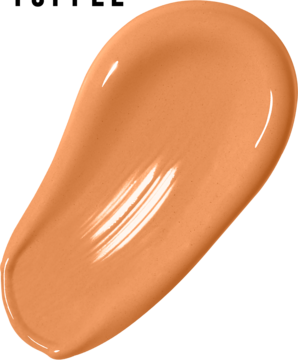 Zbliżenie na matujący podkład w płynie Max Factor Facefinity All Day Flawless N84 Soft Toffee, w formie gładkiej, brzoskwiniowej smugi.