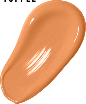 Zbliżenie na matujący podkład w płynie Max Factor Facefinity All Day Flawless N84 Soft Toffee, w formie gładkiej, brzoskwiniowej smugi.