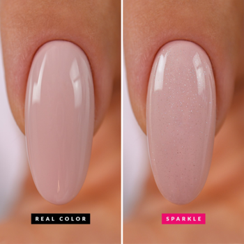 Dwa wzorniki paznokci: lewy to klasyczny lakier nude, prawy to ten sam kolor z brokatowym top coatem Sparkle.