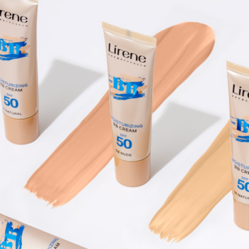 Lirene Nawilżający BB Cream SPF 50, tubki w odcieniu nude 02 z niebiesko-pomarańczowym logo, na białym tle z próbkami.