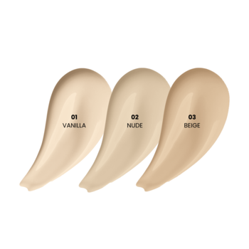 Trzy smugi lekkiego, mineralnego podkładu YOU.mmy Skin: 01 Vanilla, 02 Nude, 03 Beige na białym tle.
