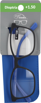 Czarne okulary do czytania Eye Medic +1.50 dioptrii z niebieskimi zausznikami, w błękitnym etui.