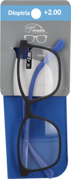 Czarne okulary do czytania Eye Medic +2.00 dioptrii, z niebieskimi zausznikami i etui, w opakowaniu.