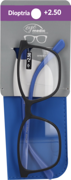Czarne okulary do czytania z niebieskimi zausznikami (+2.50 Dioptria) w szarym opakowaniu i niebieskim etui.