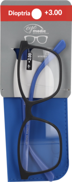 Okulary do czytania Eye Medic +3.00 dioptrie. Czarne, kwadratowe oprawki z niebieskimi zausznikami, w niebieskim etui.