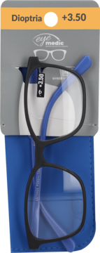 Okulary do czytania eye medic z czarnymi oprawkami, niebieskimi zausznikami, dioptria +3.50, na opakowaniu z etui.
