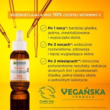 Garnier serum z 10% czystej witaminy C, bursztynowa butelka z zakraplaczem, na pomarańczowym tle.