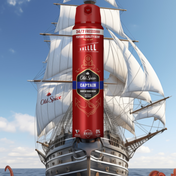Czerwona puszka dezodorantu Old Spice Captain na tle żaglowca, morski zapach, 48h świeżości.