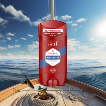 Old Spice Whitewater, czerwony dezodorant w sztyfcie na pokładzie łodzi z bobrem kapitanem i morzem w tle.