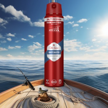 Czerwony dezodorant Old Spice Whitewater, widok z przodu, na pokładzie łodzi, obok bobra w czapce kapitana.