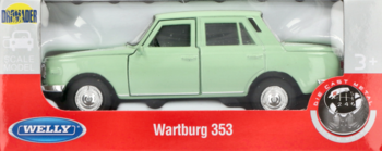 Miętowy model samochodu Wartburg 353 Welly NEX, sedan w skali 1:34-1:39, widok z boku w pudełku.