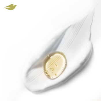 Biała kremowa tekstura z kroplą złotego olejku na białym tle, symbolizuje pielęgnację Dove Advanced Care Original Antyperspirant.