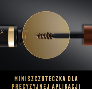 Zbliżenie na brązową miniszczoteczkę żelu do brwi Max Factor 2000 Calorie Brow Sculpt, idealną do precyzyjnej aplikacji.