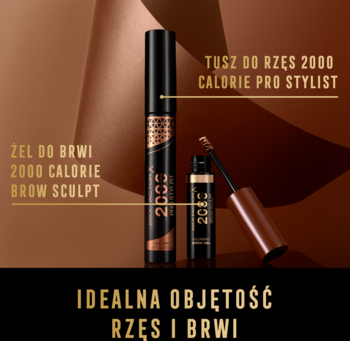Max Factor 2000 Calorie Pro Stylist tusz do rzęs w czarnej tubce i Brow Sculpt żel do brwi na brązowym tle.
