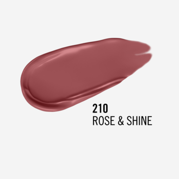 Smuga matowej pomadki Rimmel Lasting Mega Matte 210 Rose & Shine, w odcieniu brudnego różu, na jasnym tle.