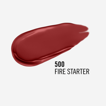 Ceglastoczerwona pomadka w płynie Rimmel Lasting Mega Matte 500 Fire Starter, matowy swatch na jasnym tle.