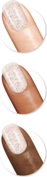 Close-up of three fingers showing Miracle Gel Crystal Top Coat, a glitter nail polish on fair, medium, and dark skin tones.