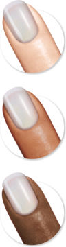 Zbliżenie na trzy paznokcie z Miracle Gel Unicorn Top Coat, prezentujące opalizujący blask na różnych karnacjach.
