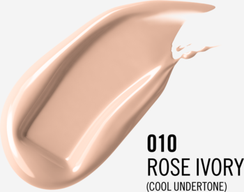 Kremowy podkład Rimmel Lasting Finish 010 Rose Ivory (chłodny odcień), zbliżenie na próbkę koloru.