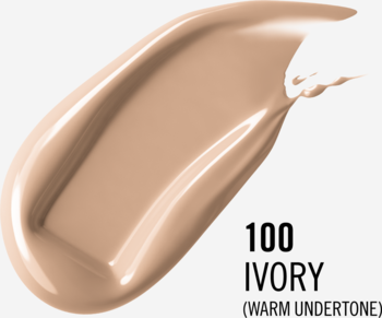 Swatch podkładu Rimmel London Lasting Finish 100 Ivory, jasny beż o ciepłym odcieniu, gęsta płynna tekstura.