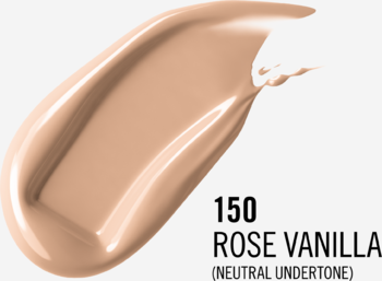 Zbliżenie: kremowy swatch podkładu Rimmel Lasting Finish 35H, 150 Rose Vanilla (neutralny).