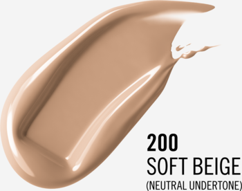 Rimmel Lasting Finish 35H podkład, próbka koloru 200 Soft Beige (neutralny odcień) na jasnym tle.