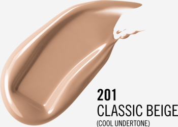 Próbka płynnego podkładu Rimmel Lasting Finish 35H 201 Classic Beige, z widocznym chłodnym tonem.