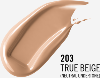 Beżowy podkład do twarzy Rimmel Lasting Finish 35H w smudze, odcień 203 True Beige, neutralny.