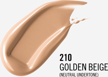 Złoto-beżowy podkład Rimmel Lasting Finish 35H w odcieniu 210, z neutralnym podtonem, swatch na szarym tle.