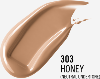 Płynny podkład Rimmel Lasting Finish 35H w kolorze 303 Honey (neutralny). Duża kropla produktu na białym tle.
