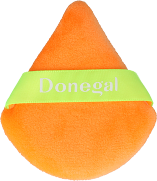 Donegal trójkątny welurowy aplikator do pudru, pomarańczowy z zieloną opaską, widok z przodu.
