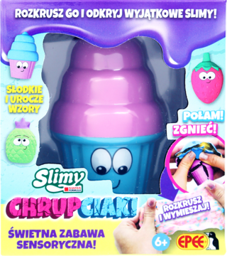 Chrupciaki crunchy slime w opakowaniu w kształcie fioletowo-niebieskiej babeczki z oczami, widok z przodu.