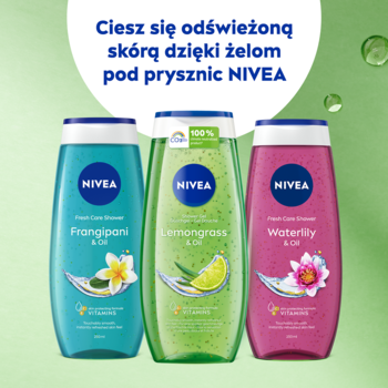 NIVEA nawilżający żel pod prysznic Lemongrass & Oil (zielony), obok Frangipani i Waterlily, widok z przodu.