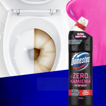 Domestos Zero Kamienia żel do toalet, czarna butelka z różową nakrętką, obok toaleta pół na pół czysta i brudna.