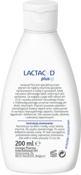 Tył białej butelki Lactacyd Plus płynu do higieny intymnej, z niebieskim napisem i instrukcjami po polsku, 200 ml.
