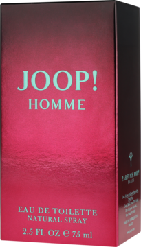 JOOP! Homme woda toaletowa 75 ml w błyszczącym, czerwono-różowym opakowaniu z jasnymi napisami, widok z przodu i z boku.