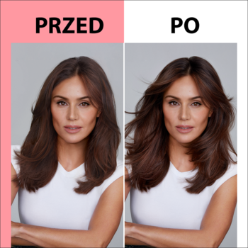 Kobieta przed i po użyciu Schwarzkopf Taft Power Cashmere. Włosy zyskują objętość i kaszmirową miękkość.