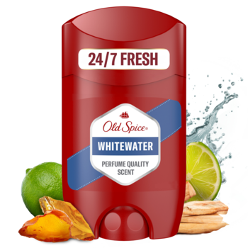Czerwony dezodorant w sztyfcie Old Spice Whitewater z etykietą "24/7 FRESH", otoczony limonkami, bursztynem i wodą.