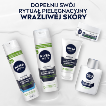 Zestaw NIVEA MEN Sensitive: balsam po goleniu, żel, pianka, żel do mycia i krem na białym marmurze. Pełny rytuał.