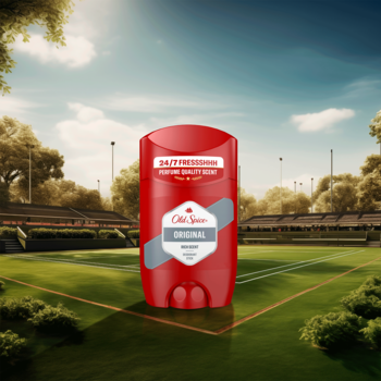 Czerwony męski dezodorant Old Spice Original w sztyfcie, na zielonym korcie tenisowym, widok z przodu.