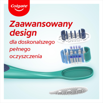 Zielona szczoteczka Colgate 360 Deep Clean, niebieskie włosie, pokazano detale główki i czyścika języka.